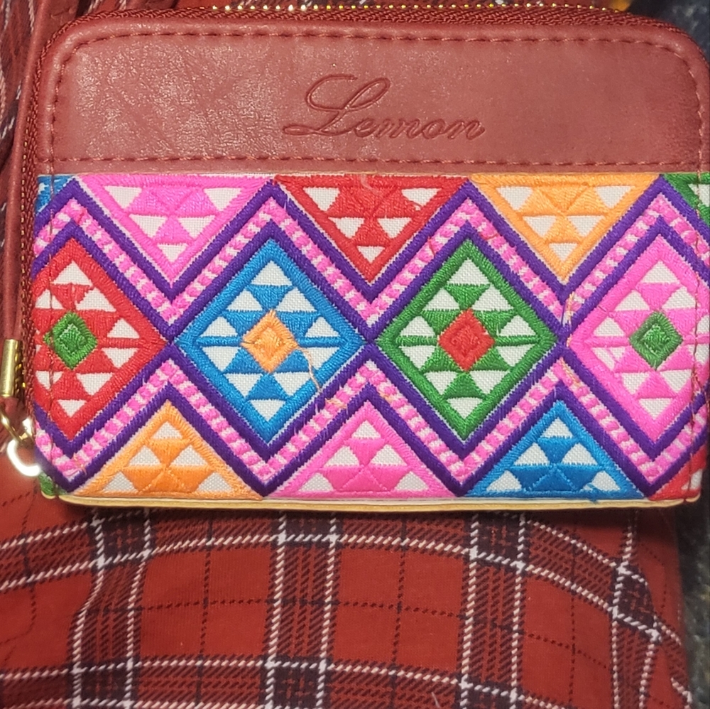 Red and Pink Geometric Wallet with Leather Accent